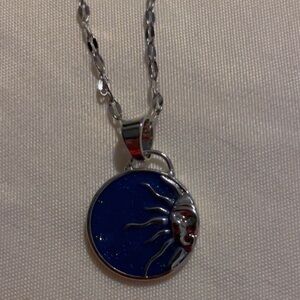 Blue and Silver Sunburst Pendant Necklace plated zircon